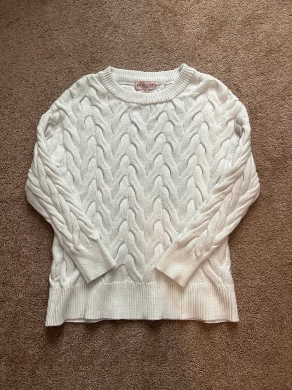 Philosophy White Crew Neck Cable Knit Sweater Size Small